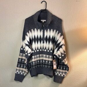 New Frye Sweater Women’s Dark Gray Patterned Quarter Zip Knit Preppy Casual XL